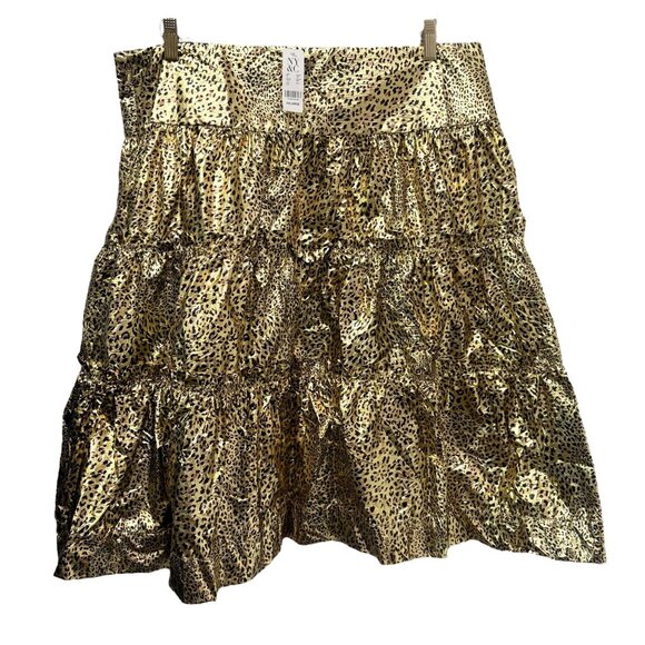 New York & Company Foil Leopard Print Skirt XXL Gold Metallic Tiered Ruffle - Picture 2 of 12